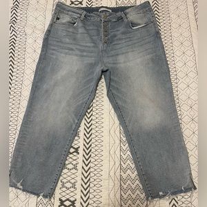 KanCan for Maurice’s jeans, button fly, ripped hem, faded blues, size 20W.